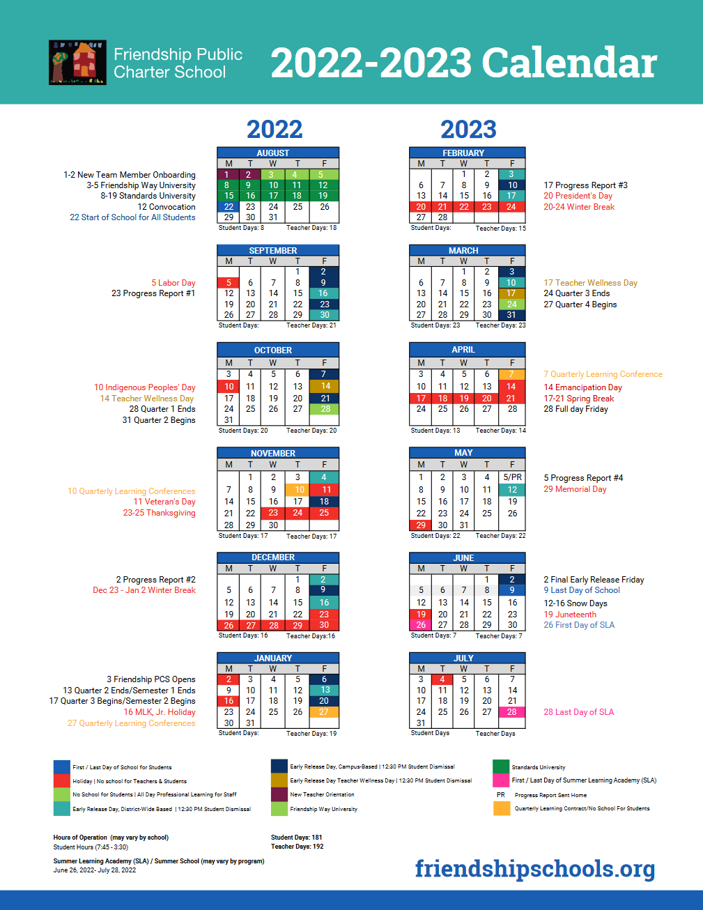 20222023 SY Calendar for Printing Friendship Public Charter School